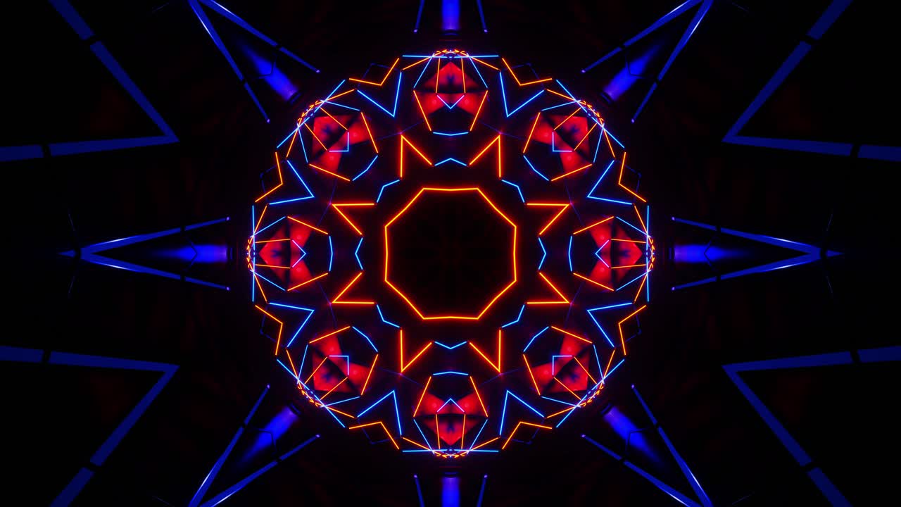 Pola bintang dengan cahaya biru dan merah. VJ loop kaleidoskop.
