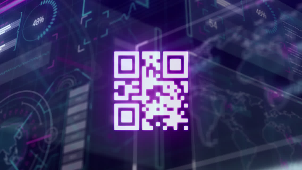 animación de datos infográficos con hud con código de barras, mapa del mundo en la interfaz digital