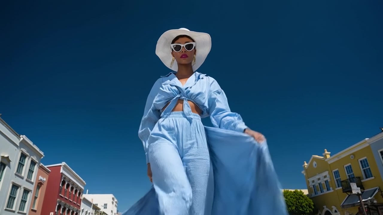 Donna elegante in un completo azzurro e un cappello a tesa larga che posa all'aperto sotto un cielo sereno.