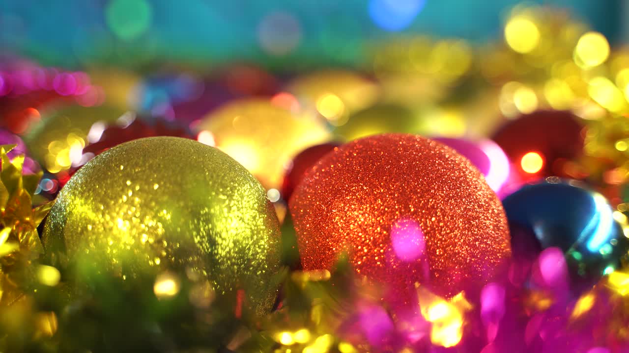 테이블에 두 개의 크리스마스 공. 행복한 크리스마스 볼, 바블, 장식 색, 클로즈업.