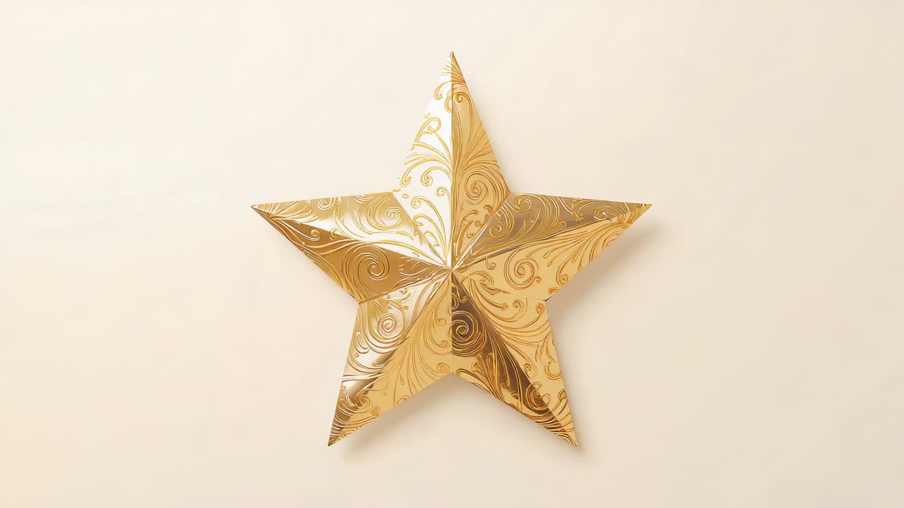 Expanding golden particles covering five-point gold star in studio, sweeping right revealing star