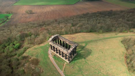 Aerial-View-Of-Old-And-Historic-Penshaw-Monument-At-Daytime-In-Sunderland,-England