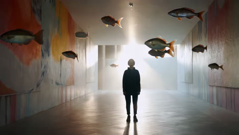 surreal hallway with person and floating fish