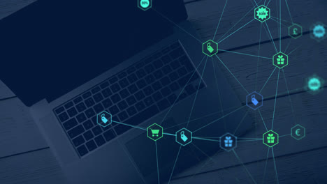 video compuesto digital de iconos de interfaz de redes sociales digitales contra el portátil en el fondo