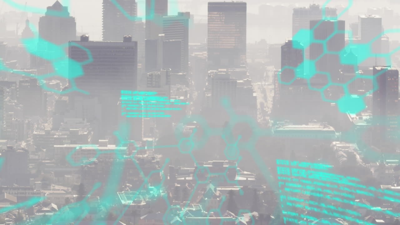 Animation of financial data processing over cityscape