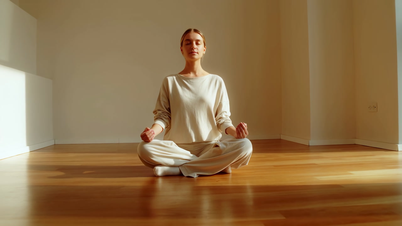 Young Caucasian Woman Meditating On Hardwood Floor, Seated In Lotus Pose In Minimal Sunlit Studio, Soft Warm
