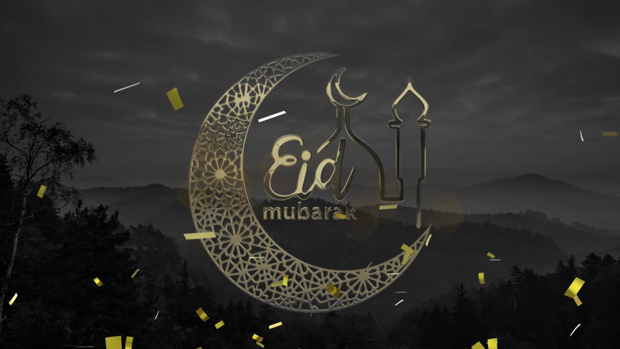 animación del texto de eid mubarak con luna creciente y mezquita con fondo de confeti
