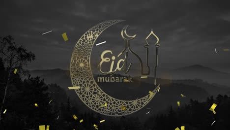 animation of eid mubarak text with crescent moon and mosque with confetti background