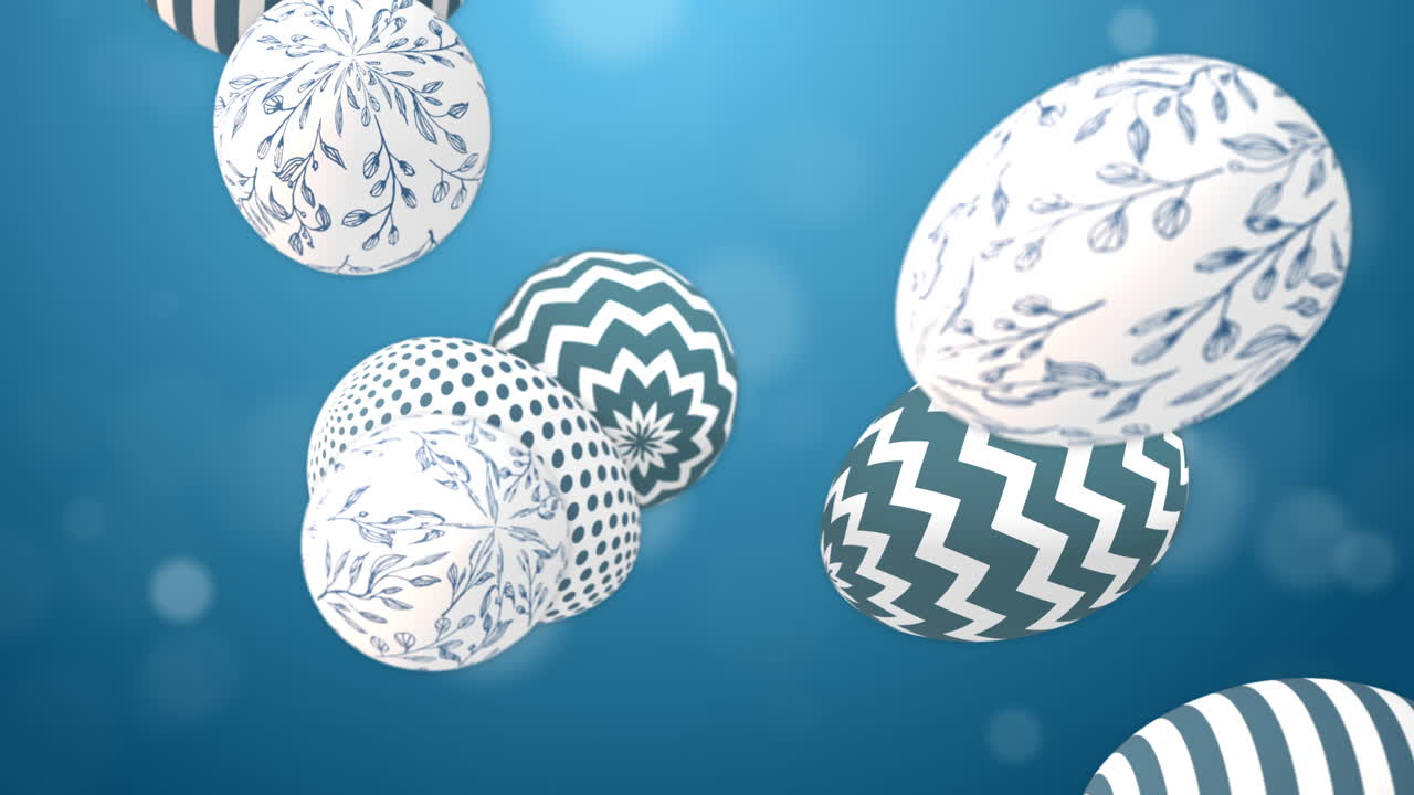 Painted Easter eggs with patterns fall down. Blue looped background with bokeh. Happy Easter.