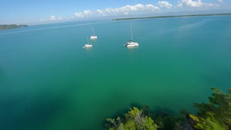 Katamarane-Vertäut-In-Der-Bucht-Des-Nationalparks-Los-Haitises,-Dominikanische-Republik