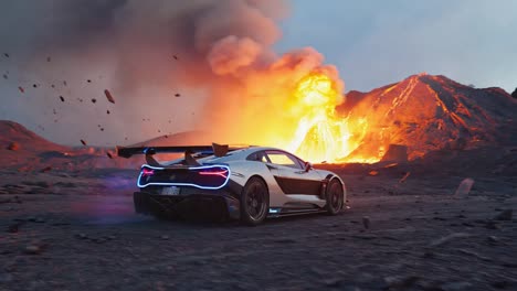 futuristic car escaping a volcanic eruption
