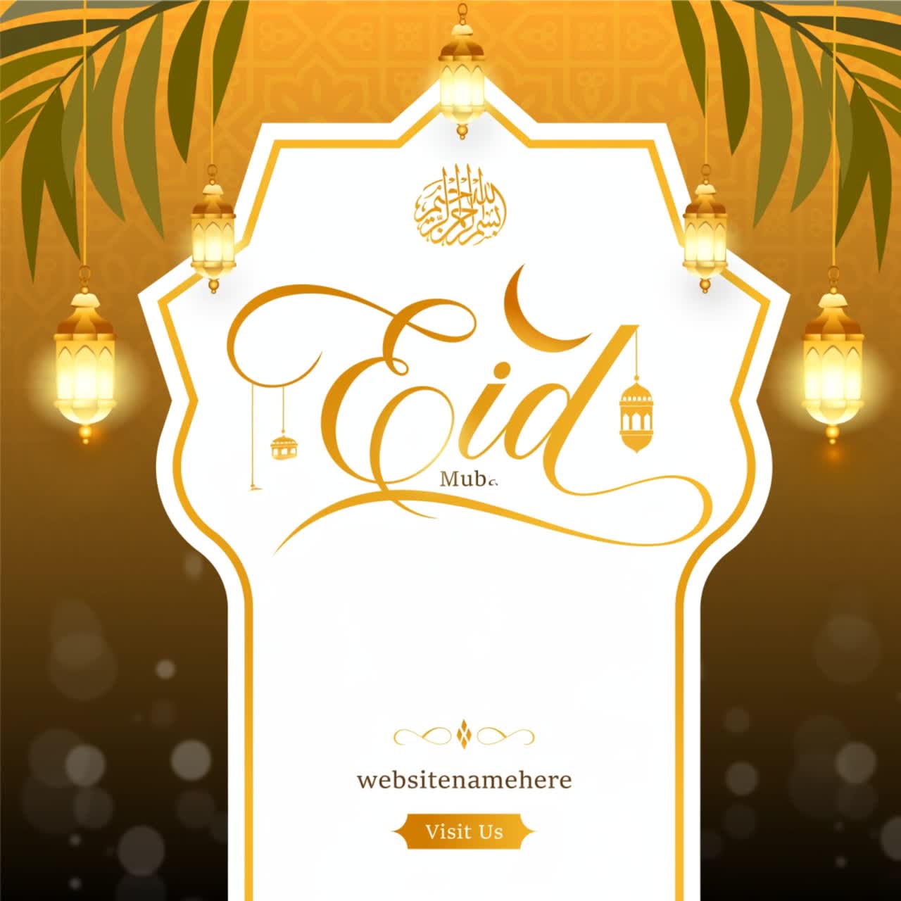 Animazione di banner di auguri Eid Mubarak con cornice ornata, lanterne sospese, calligrafia araba e layout decorativo festivo sullo sfondo.