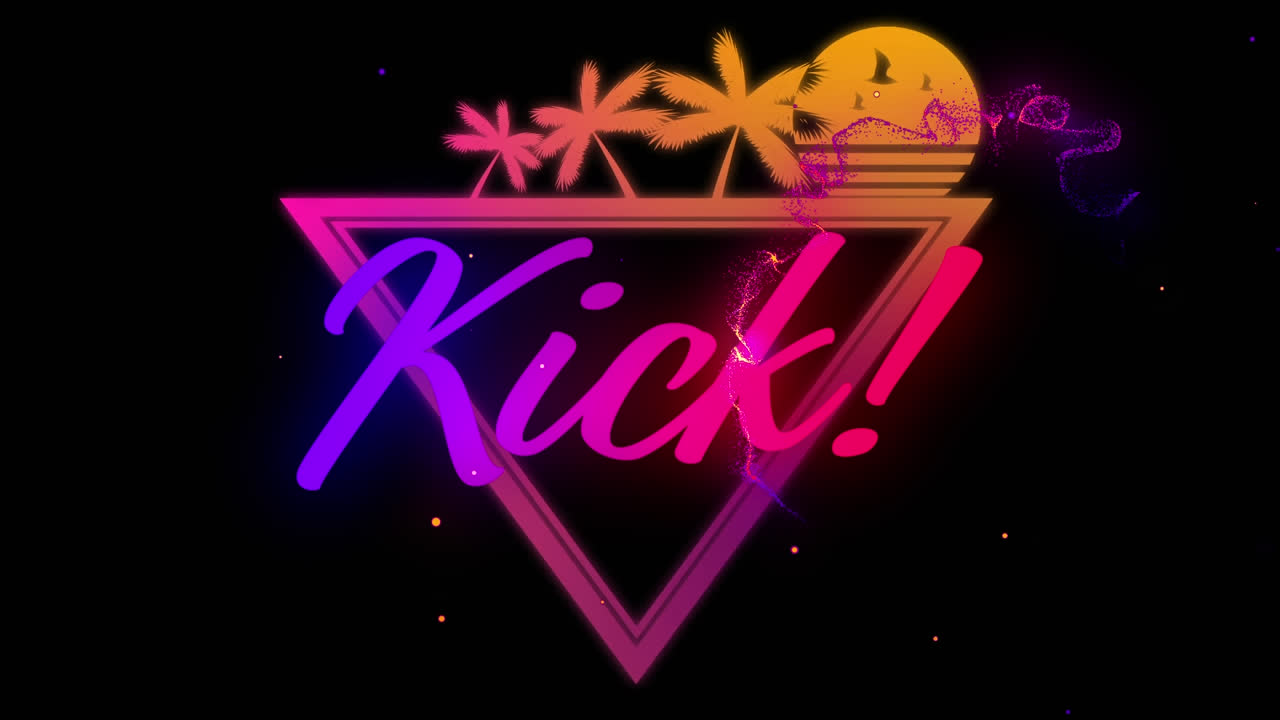 Animation of kick in purple and pink text with palm trees, sun and trails on black background
