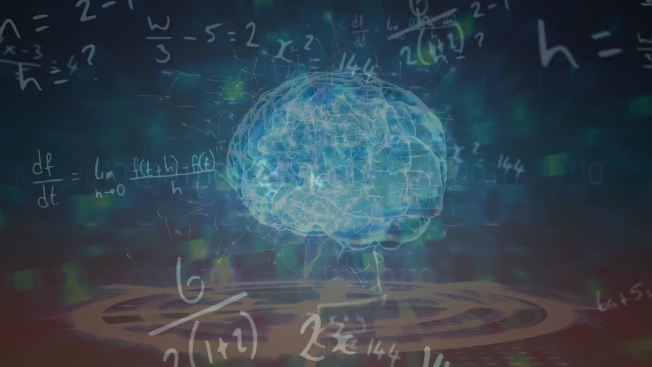 Animation of rotating brain and math formulas on navy background