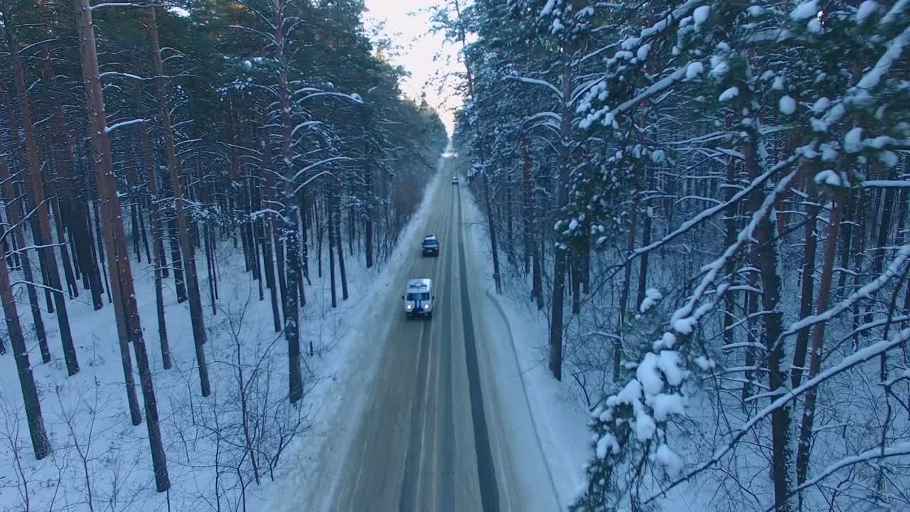 Snowy Forest Road with Vehicles