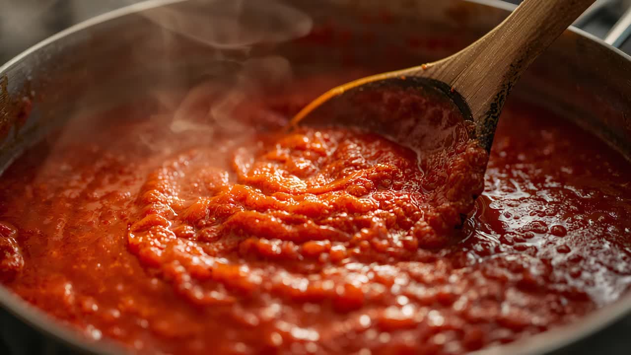 Entrando pela direita, uma colher de pau raspando e dobrando molho de tomate na panela sobre o fogão, para misturar.