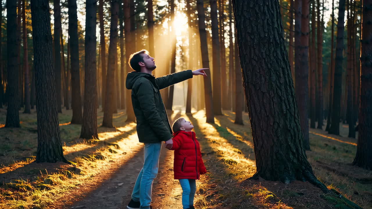 Far og søn udforsker en solbeskinnet skov