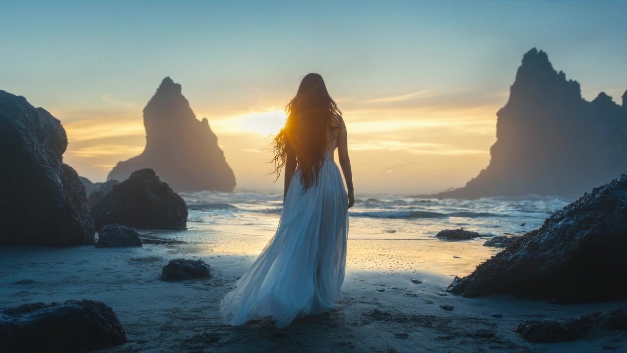 Mujer con vestido blanco de pie en la playa al atardecer