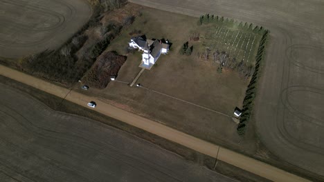 4k aerial footage of st boniface church in flagstaff county, alberta