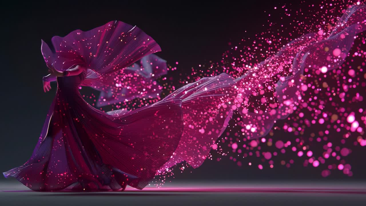 A mesmerizing display of a dancer in a flowing pink gown, showcasing a stunning blend of vibrant colors and dynamic movement, evoking elegance and artistic expression