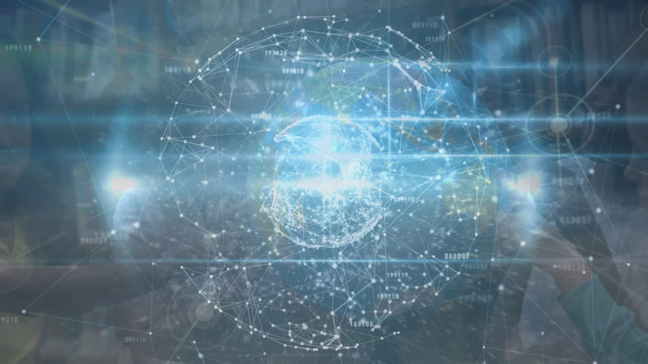 Animation of network of connection with data processing over diverse pupils in classroom