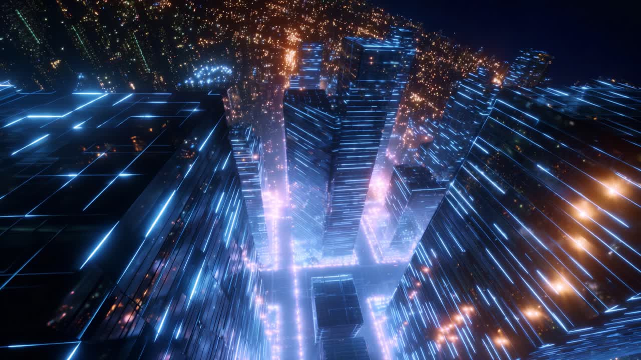 Aerial View of Futuristic Cityscape at Night Highlighting Bright Neon Lights and Gleaming Skyscrapers, Creating a Dazzling Urban Landscape with Vibrant Reflections and Dynamic Illumination Patterns