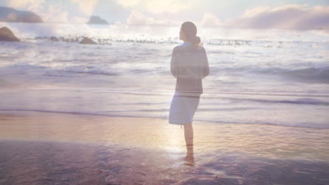 woman walking on the beach at sunset 4k