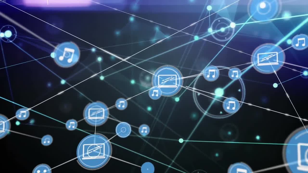 animación de iconos de música y icono de portátil conectados con líneas sobre puntos conectados que forman formas