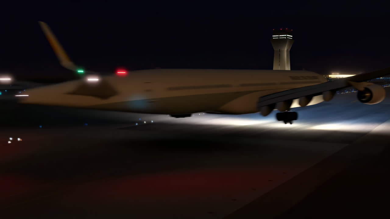 Airplane Taking Off from Airport Runway at Night with Control Tower