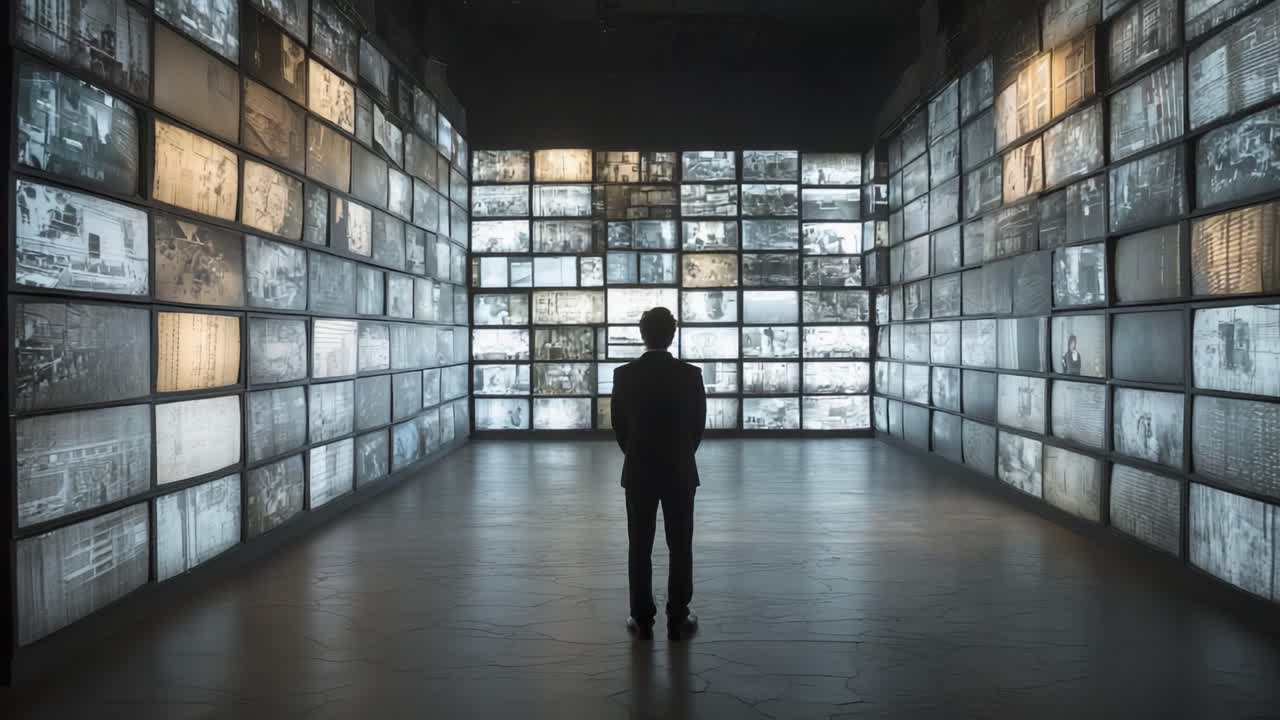 A solitary figure stands amidst a vast array of illuminated screens, each displaying black and white images, evoking thoughts on technology, memory, and the past