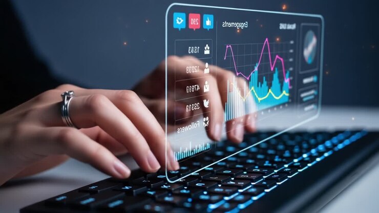 A Close-Up of Hands Typing on a Keyboard with Displayed Real-Time Data Analytics and Social Media Metrics in a Futuristic Digital Interface