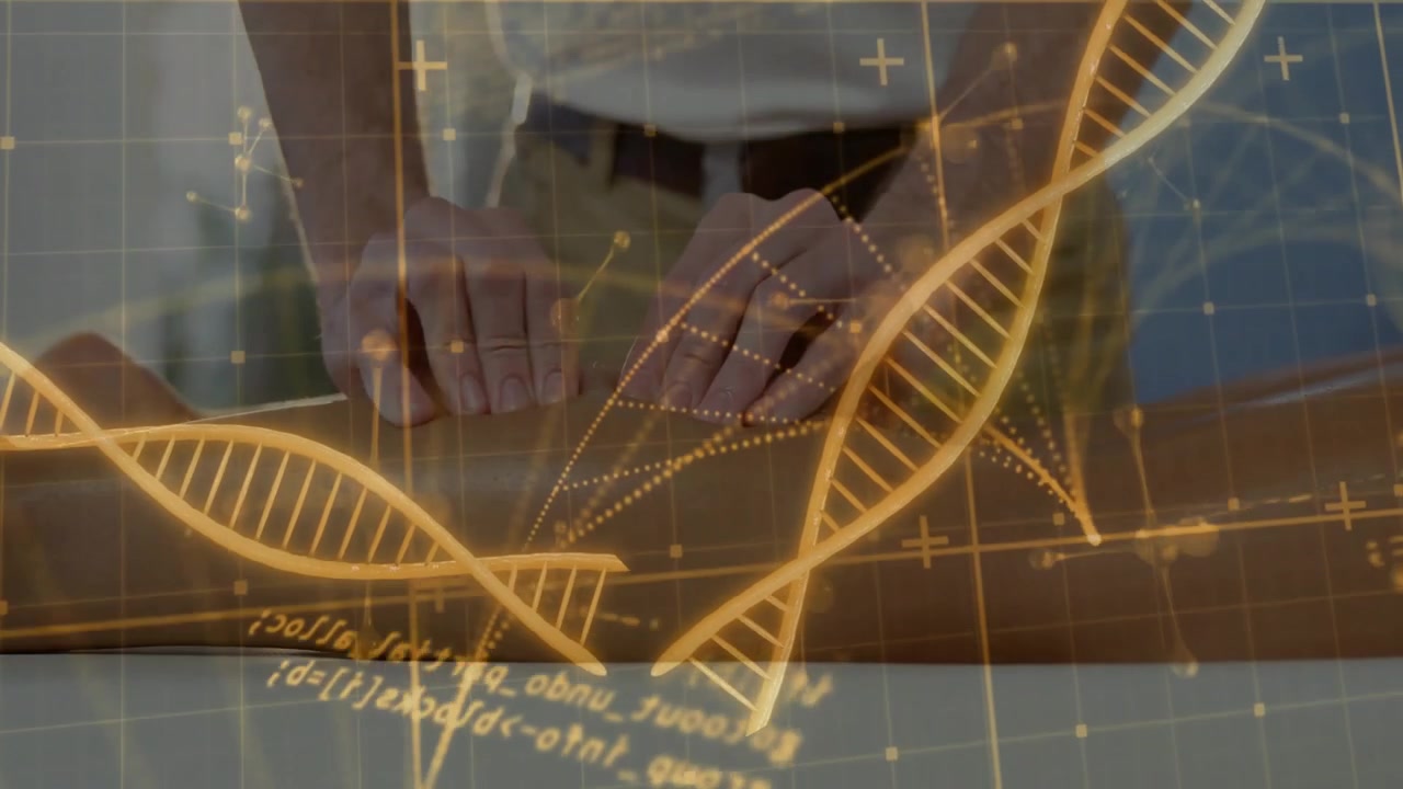 Man placing hands on tabletop activating gold DNA helix with cascading code streams for biotech