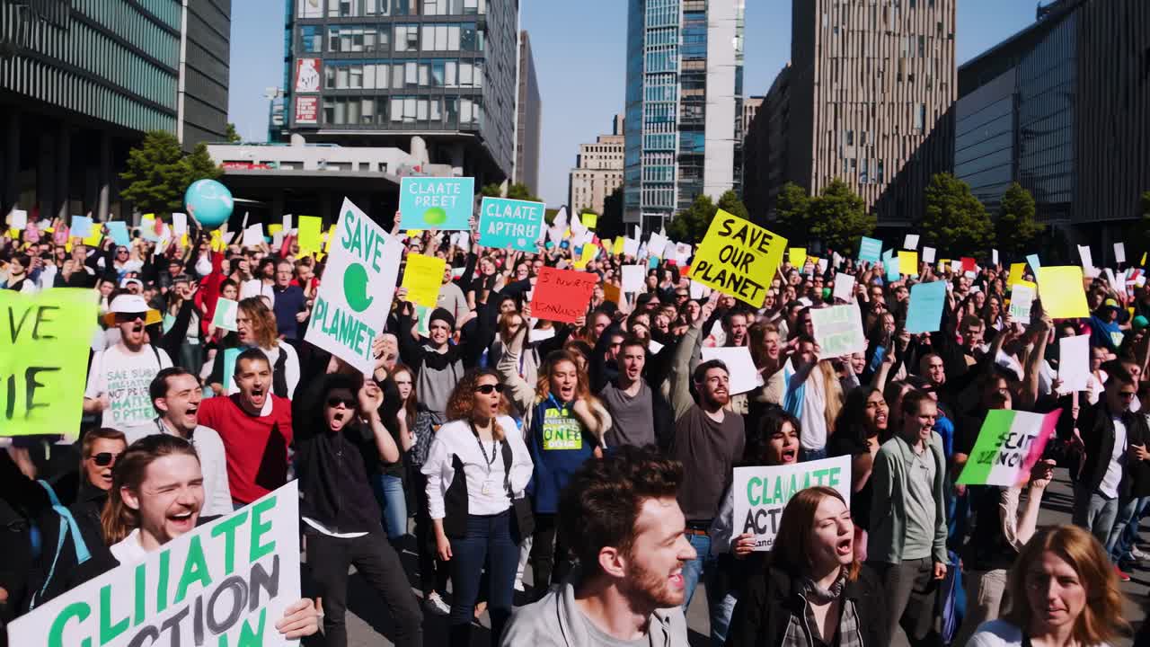 High-angle video of a vibrant climate protest with diverse participants holding colorful signs, set