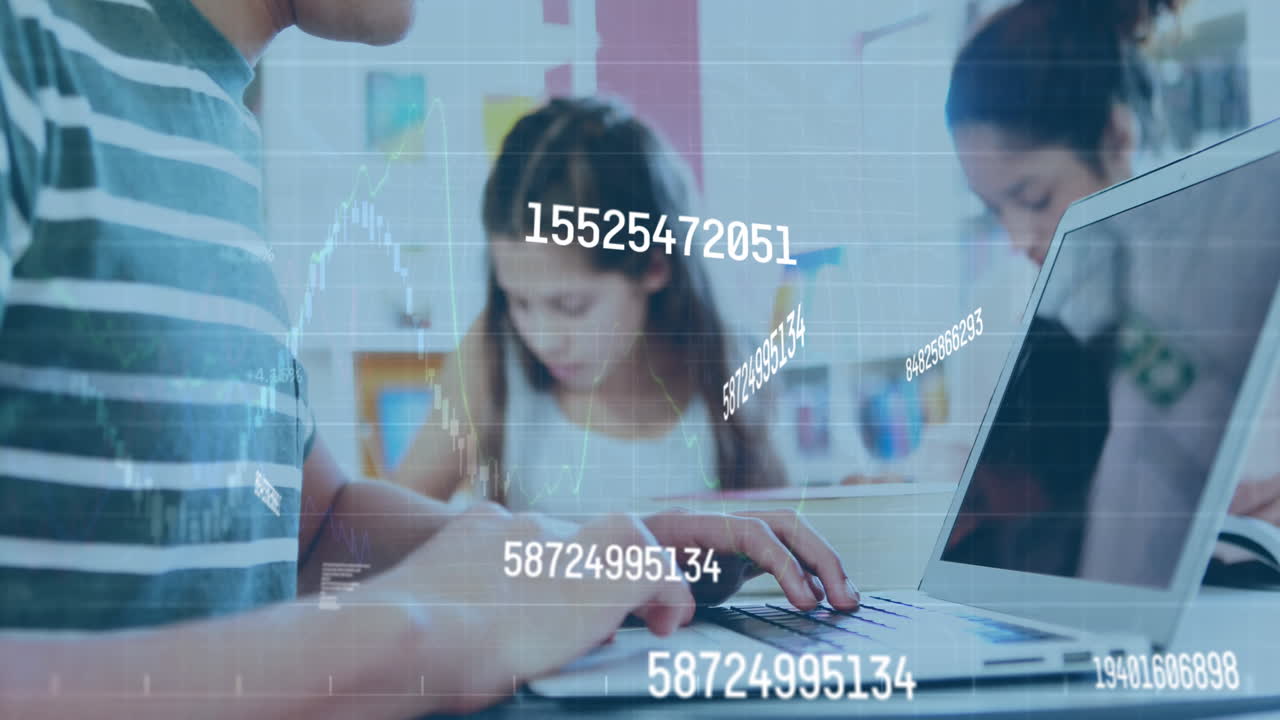 Animation of numbers changing over caucasian man using laptop
