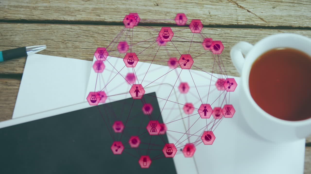 animación de un globo de iconos digitales sobre una tableta digital, papeles en blanco y una taza de café en una mesa de madera.