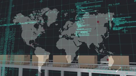 animation of data processing with world map over cardboard boxes on conveyor belt