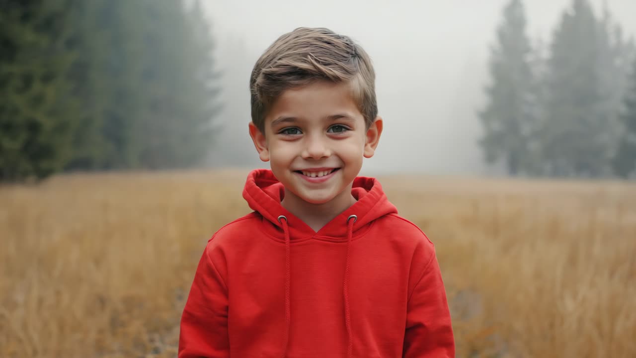 Portrait of a smiling child wearing a red hoodie standing in a field with fog and trees in the background, expressing joy and happiness in a natural outdoor setting