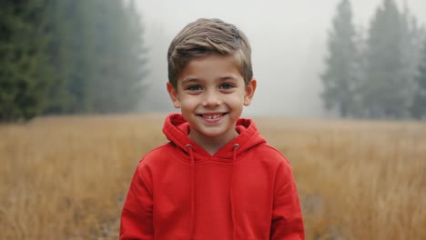 portrait of a smiling child wearing a red hoodie standing in a field with fog and trees in the background, expressing joy and happiness in a natural outdoor setting