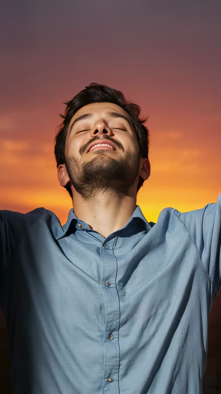 Vertical video: Sunset deepening, man in light-blue shirt lifting head, raising arms feeling relief