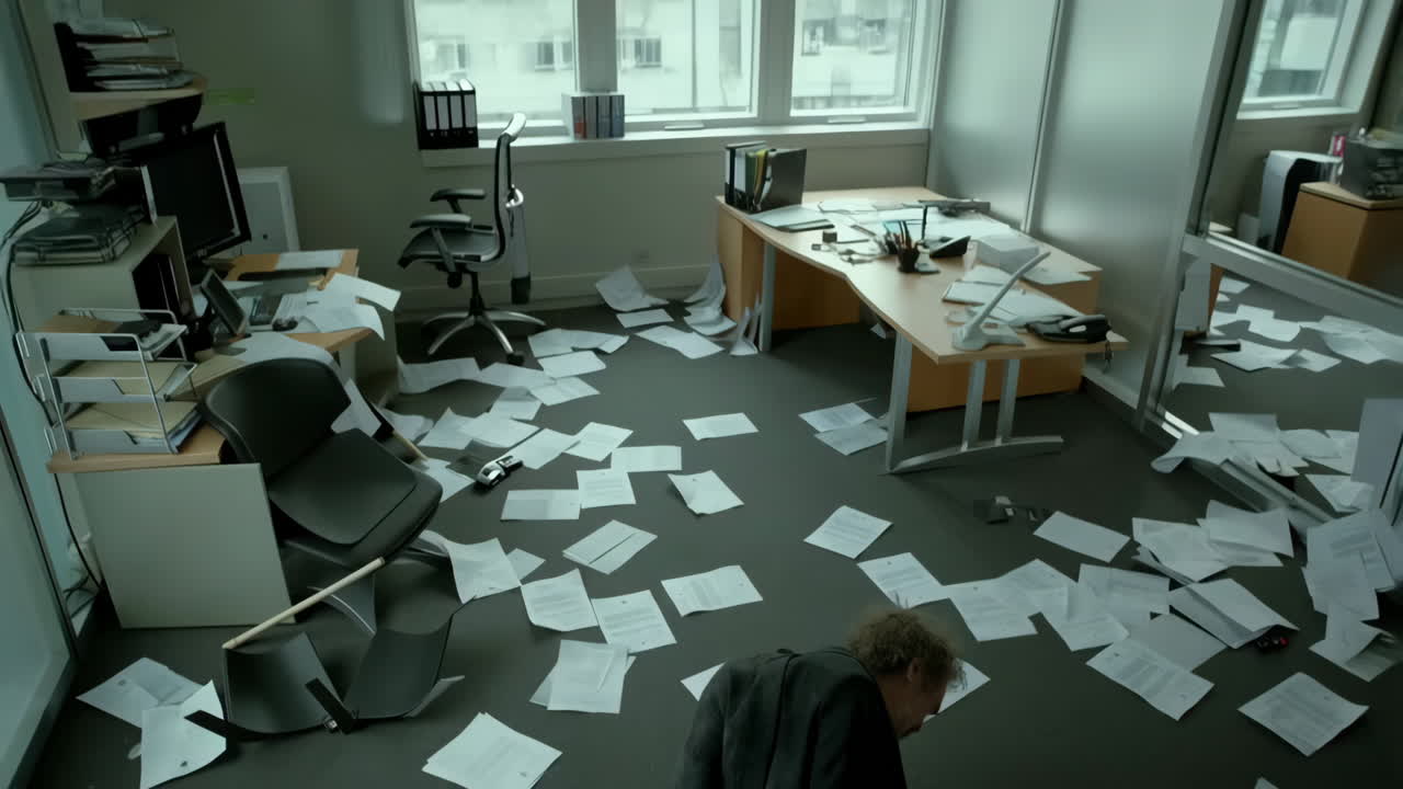 Man Collapsed in a Chaotic Office with Papers Scattered on the Floor