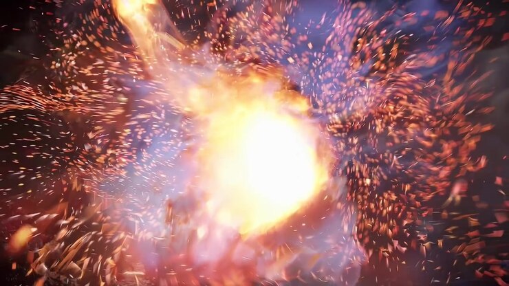 Intense Fire Explosion with Flying Sparks and Smoke