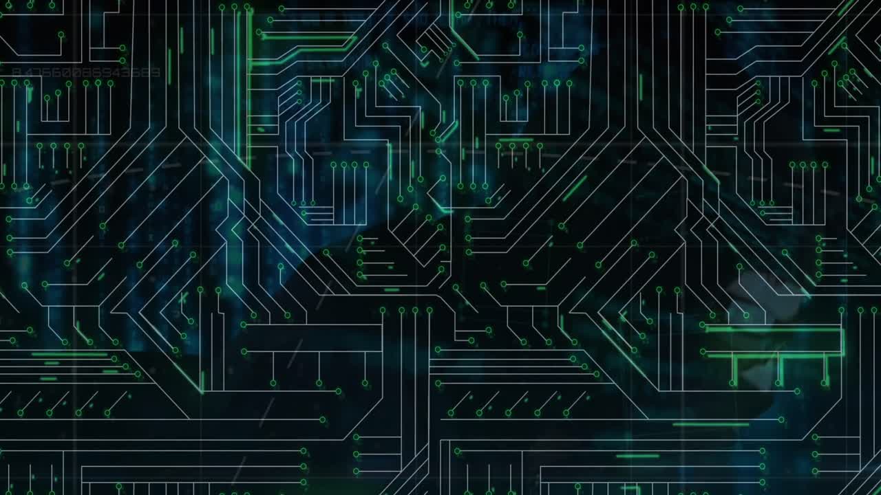 노트북을 사용하는 남성 해커를 통해 마이크로프로세서 연결의 애니메이션