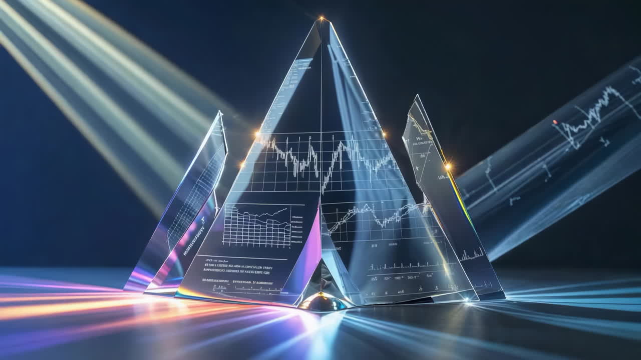 Futuristic Glass Pyramid Displaying Data Charts