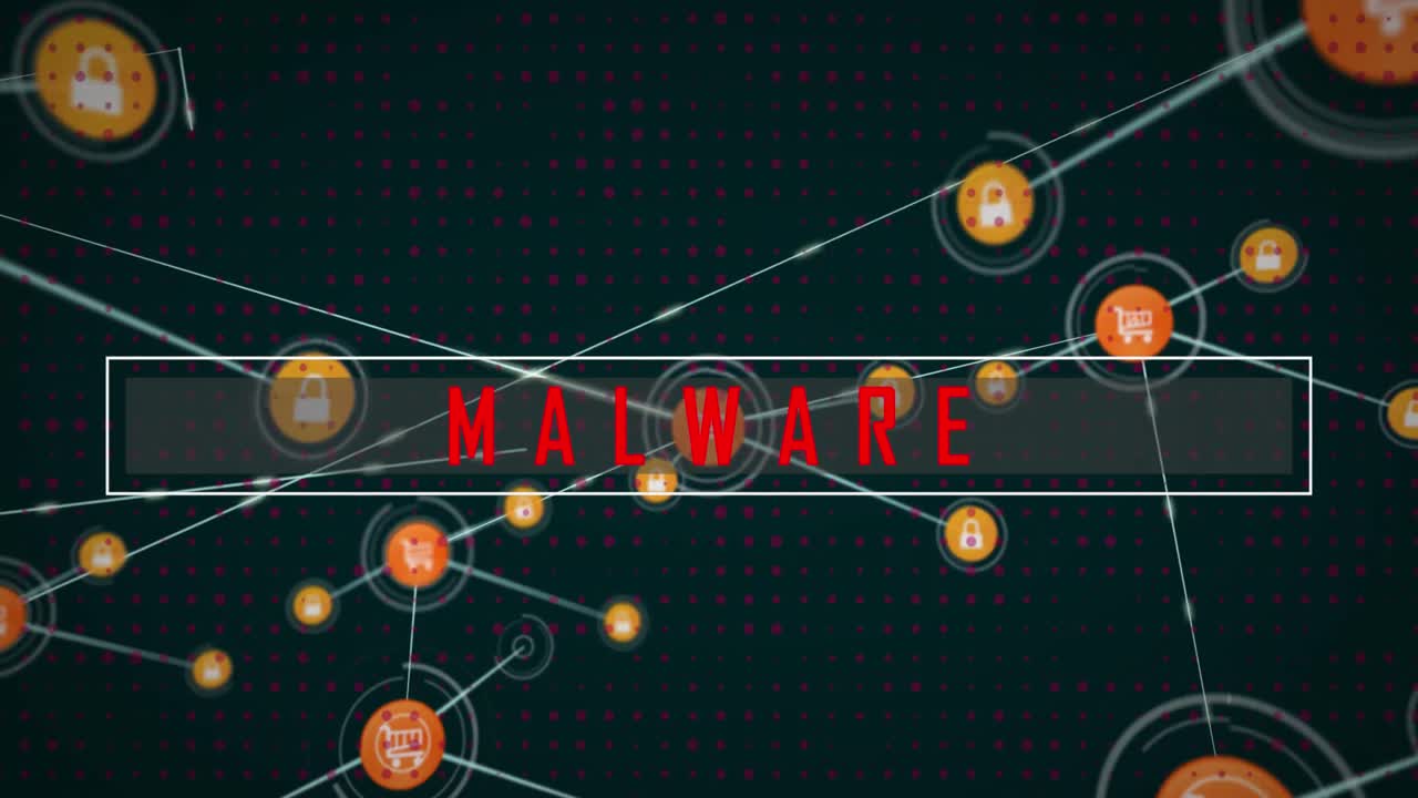 Animation of malware text with connected padlock and cart icons