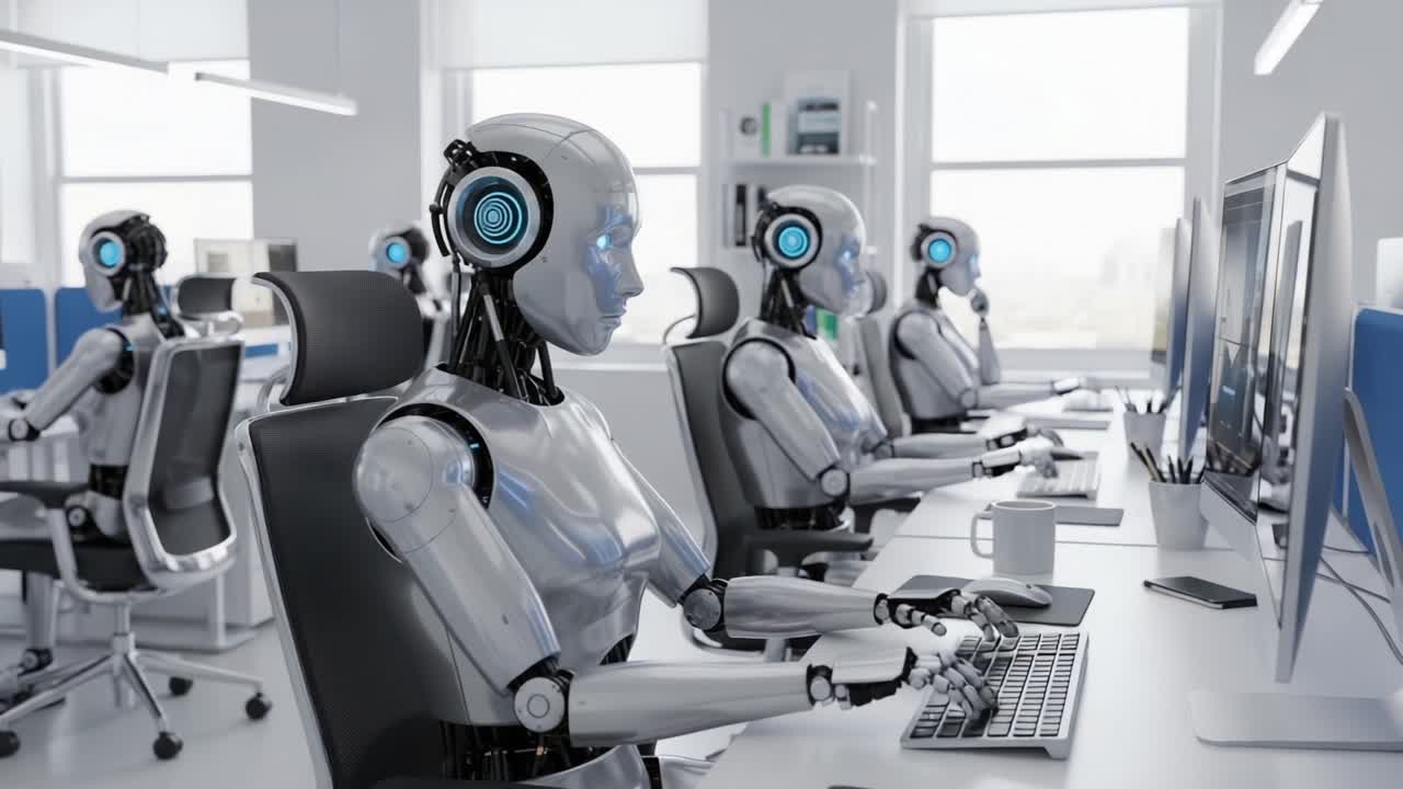 In a modern office environment, humanoid robots equipped with headphones diligently engage in computer tasks, showcasing advancements in artificial intelligence and automation technology