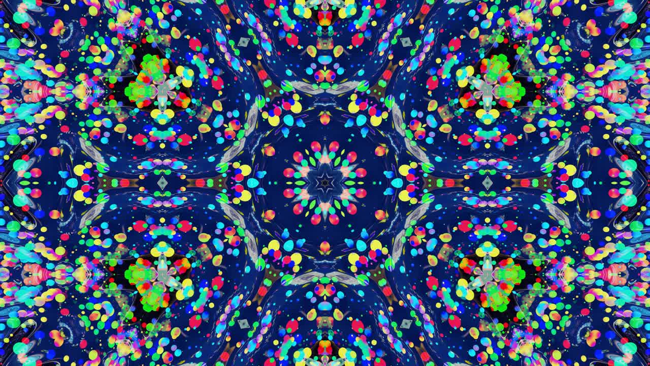simetria estelar. efeito de caleidoscópio de superfície líquida ondulada brilhante com círculos distorcidos flutuam como gotas de tinta em óleo. fundo criativo com gradiente multicolor em 4k. 3d