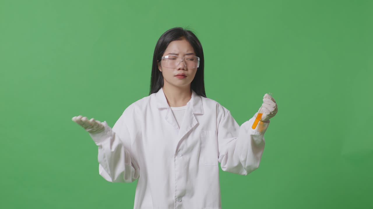 실험 튜브에 오렌지 액체를 넣은 아시아 여성 과학자가 실험실의 녹색 스크린 배경에서 의심스럽게 일하는 이유를 말합니다.