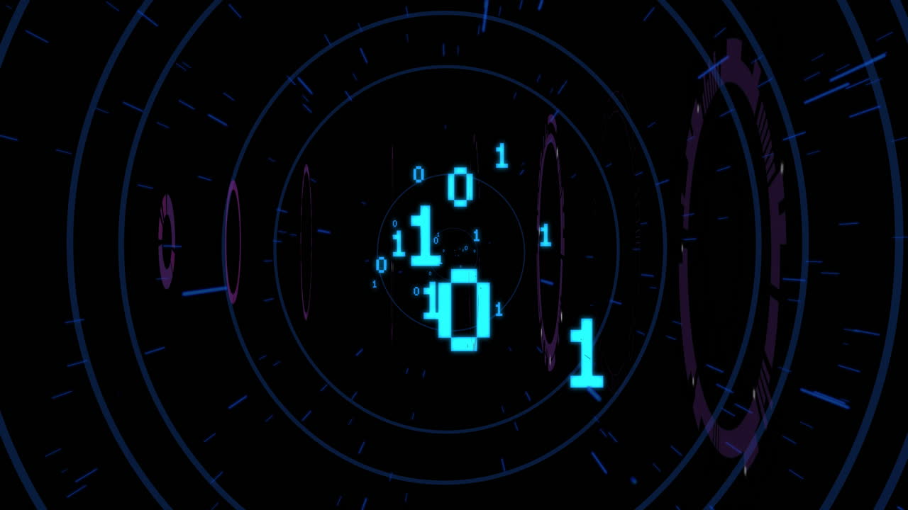 Binary numbers and digital patterns forming futuristic data tunnel animation