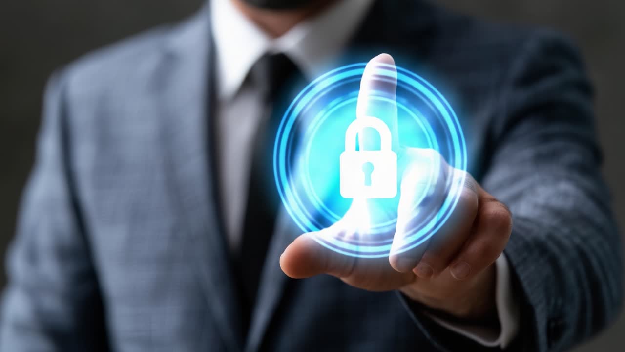 Man in Suit Engages with Digital Security Interface, Touching Interactive Lock Symbol Representing Technology and Protection in Modern Business Environment