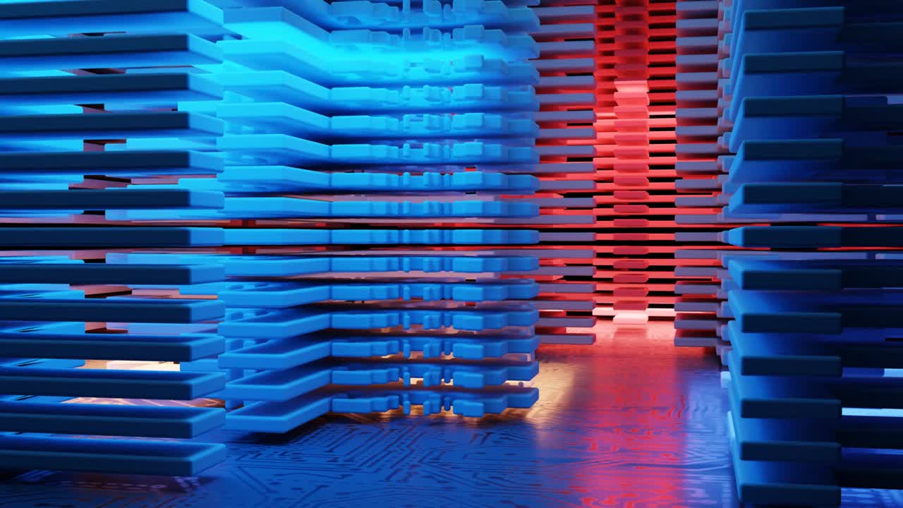 placa de circuito electrónico de cerca, chip de computadora, placa madre con luces de neón, animación de renderización 3d